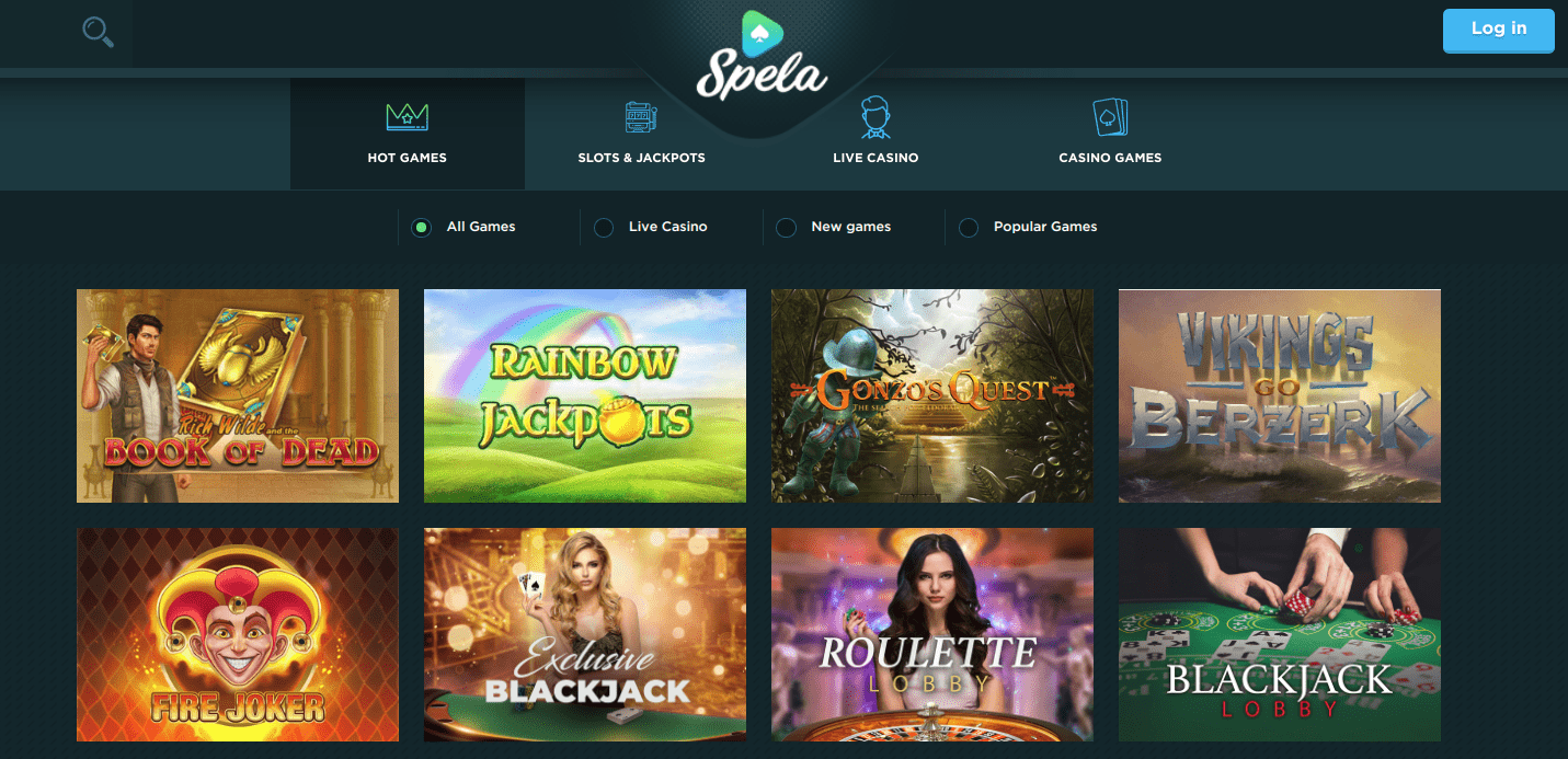 Screenshot of Spela casino game selection