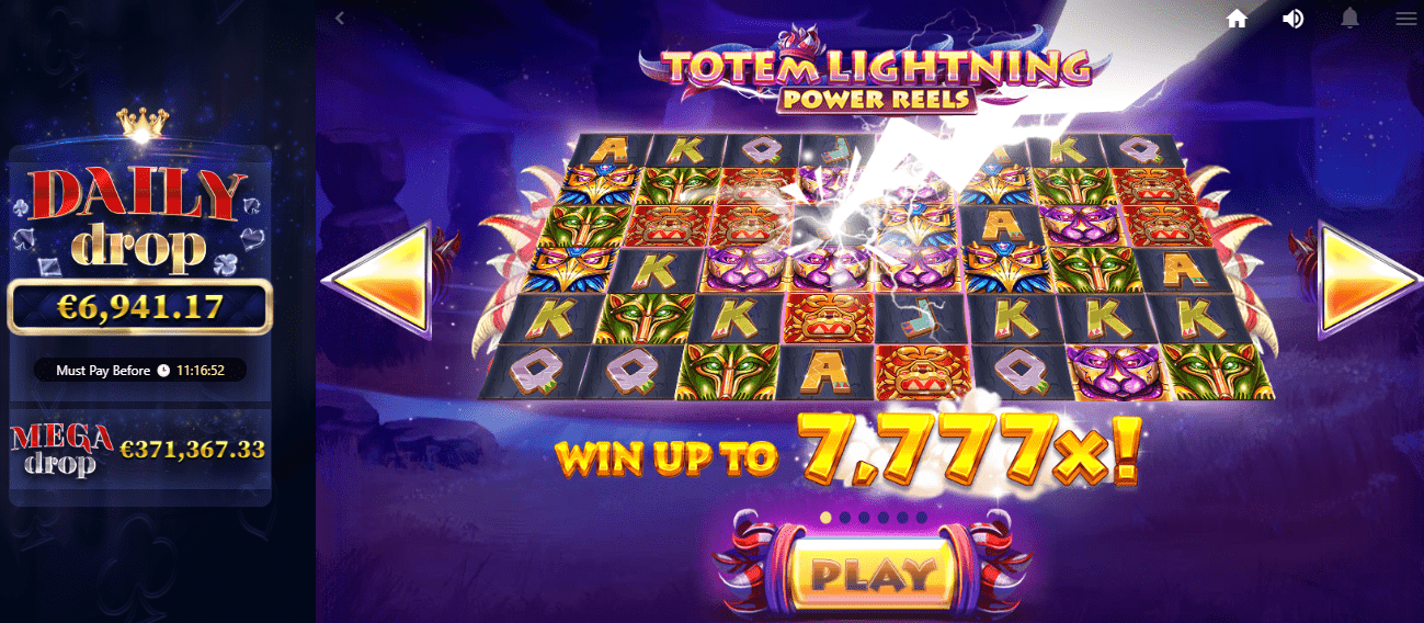 Screenshot of the jackpot game Totem Lightning Power Reels with daily drops counting down