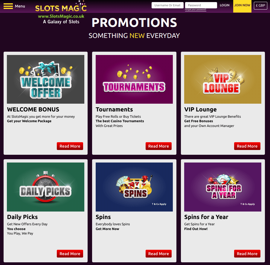 Screenshot of Slotsmagic promotions page