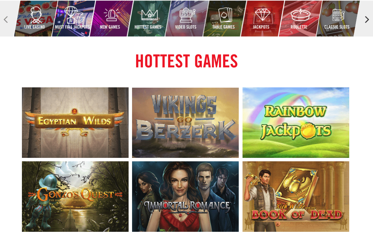 Screenshot of the game selection at Vegas Hero Casino