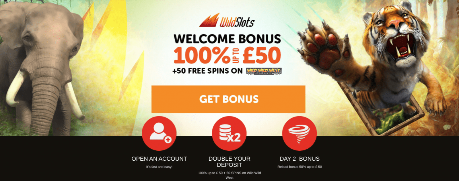 WildSlots welcome bonus banner with a tiger and an elephant