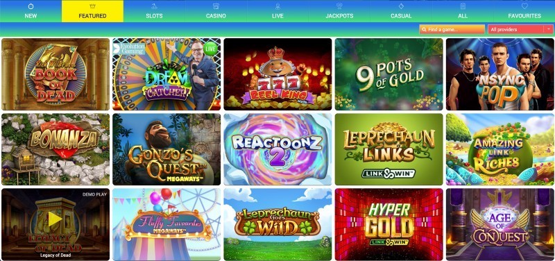 Screenshot of the game selection at Monster casino