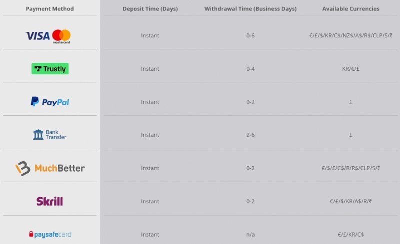 Screenshot of the WildSlots payment methods