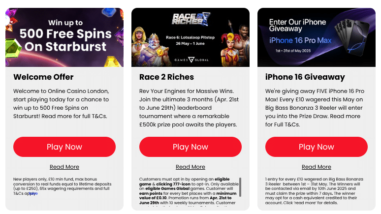 A screenshot of the promotions at Online Casino London