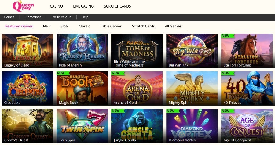 Screenshot of the game selection at Queenplay casino