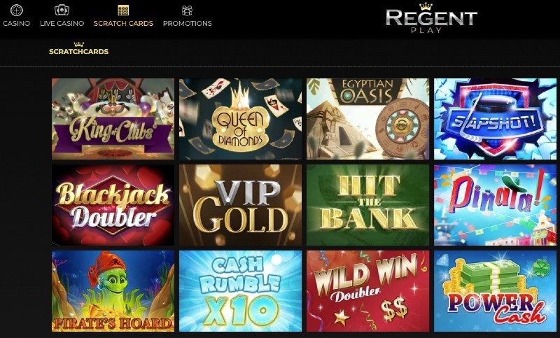 Screenshot of the Regent Play scratch cards