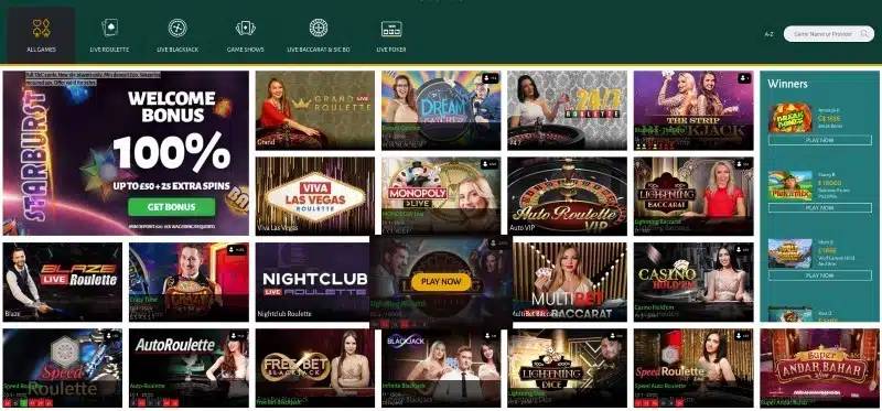 Screenshot of the Billion Casino live casino selection
