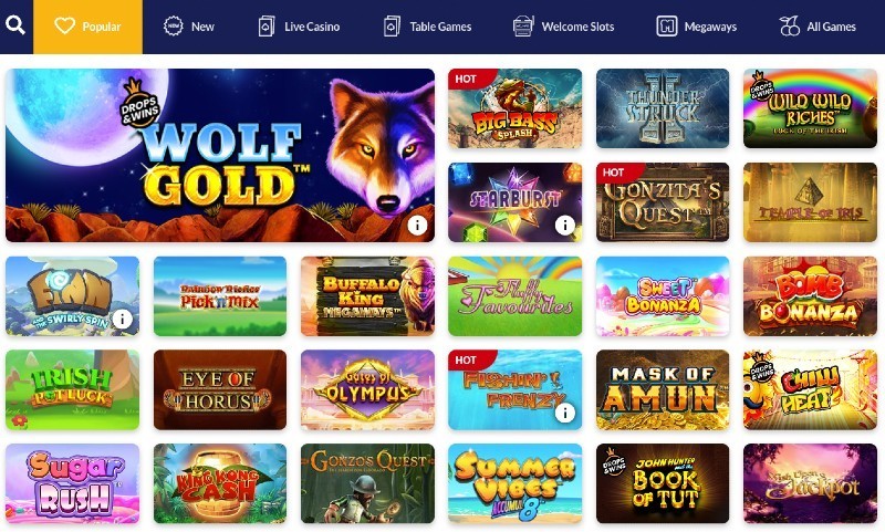 Screenshot of the game selection at PlayUK