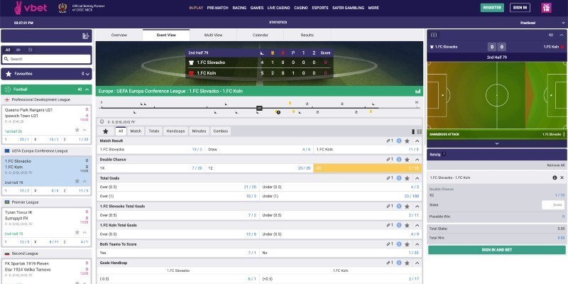 screenshot of the vbet in-play betting page