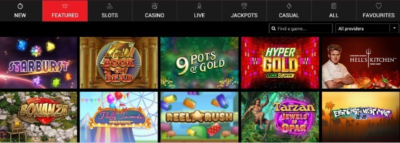 Screenshot of the game selection at BBCasino