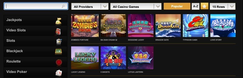 Screenshot of Videoslots game selection