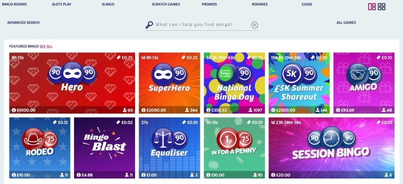 Screenshot of the bingo selection at PlayOJO