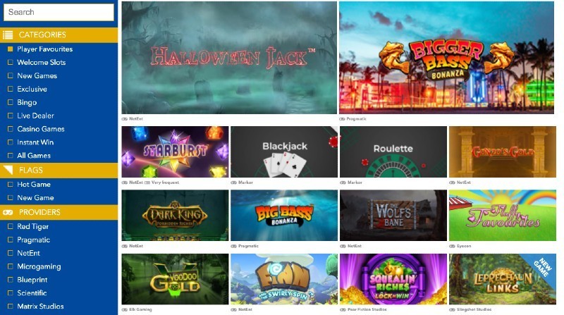 Screenshot of the CloudCasino game selection