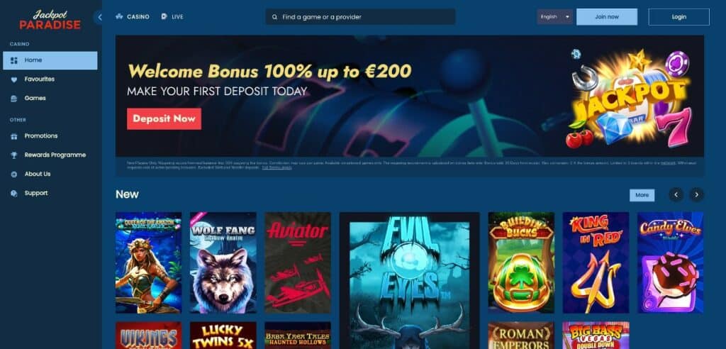 A screenshot of the homepage of Jackpot Paradise