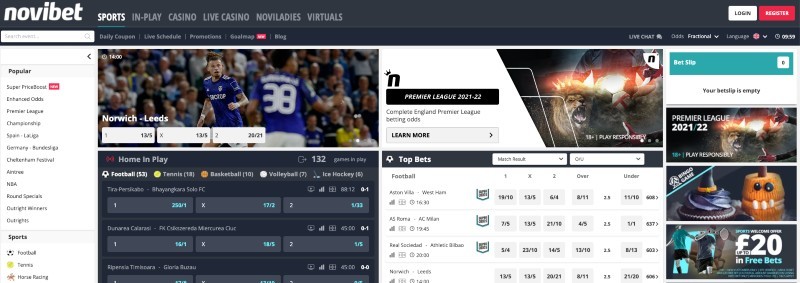 Screenshot of the Novibet sportsbook