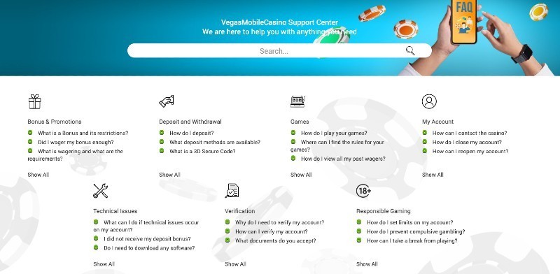 Screenshot of the support page at Vegas Mobile Casino