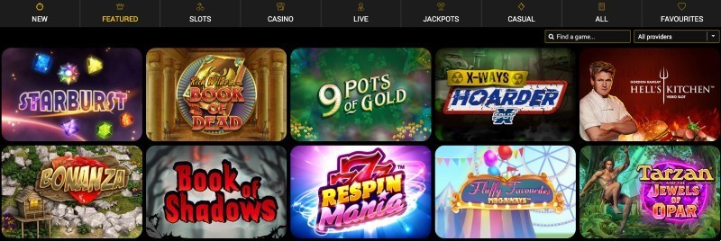 Screenshot of the game selection at Vegas Mobile Casino