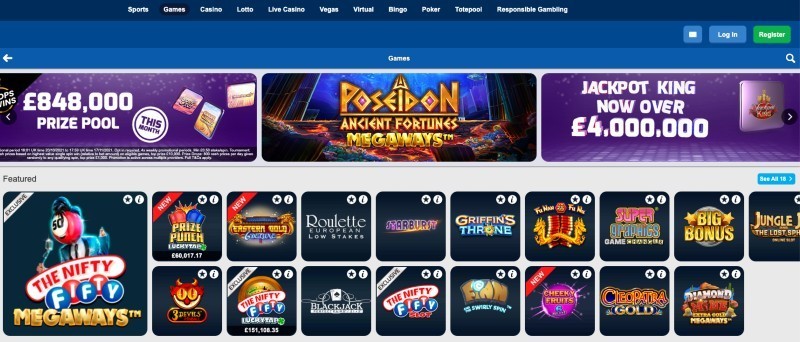 Screenshot of the Betfred games selection