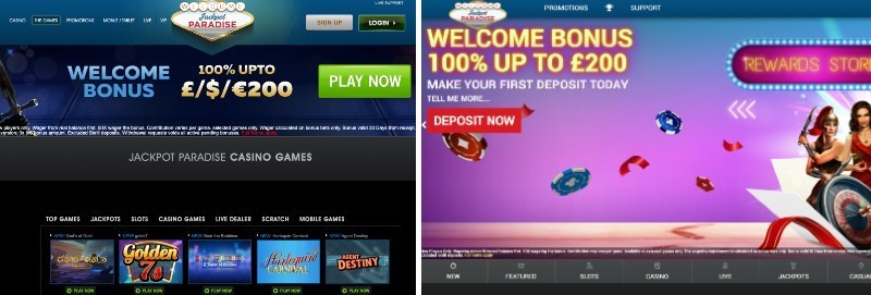 Screenshot of the two different website versions of Jackpot Paradise casino