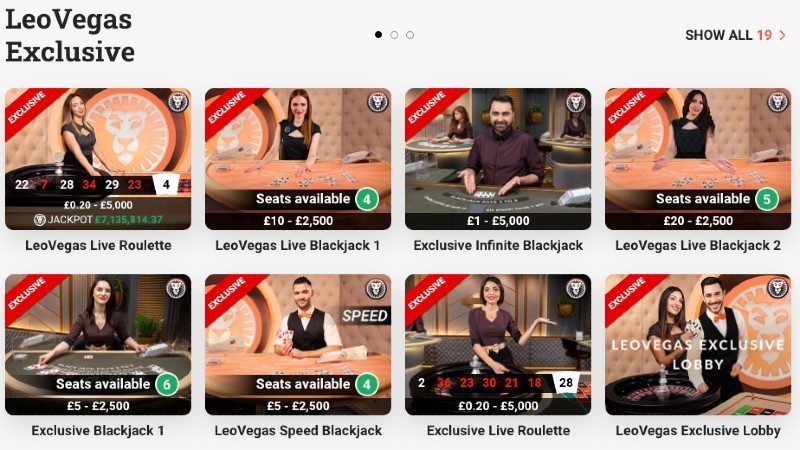 Screenshot of some exclusive live casino games at LeoVegas