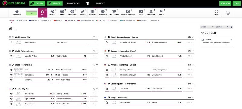 Screenshot of the BetStorm sportsbook