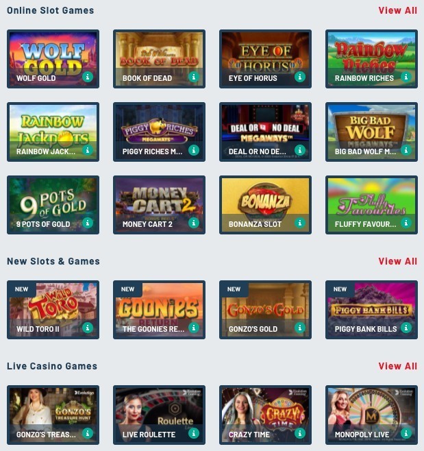 Screenshot of the Bet UK casino game selection