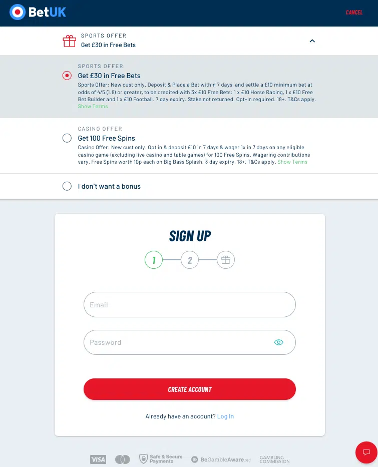 A screenshot of the signup page at BetUK