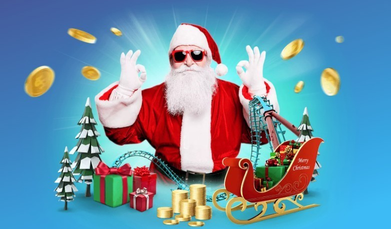 A blue Christmas promotion banner with Santa Clause