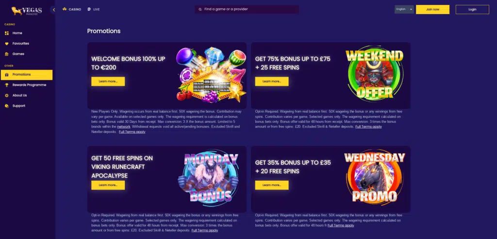 Screenshot of the Vegas Paradise promotions page