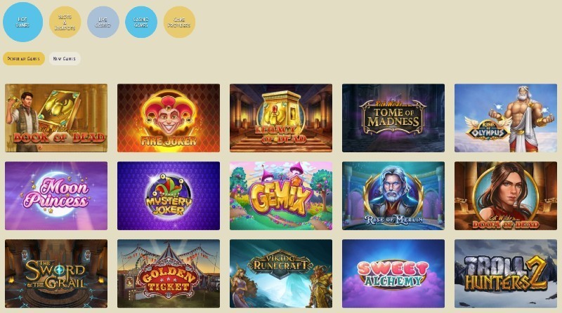 Screenshot of the game selection at Casino Lab