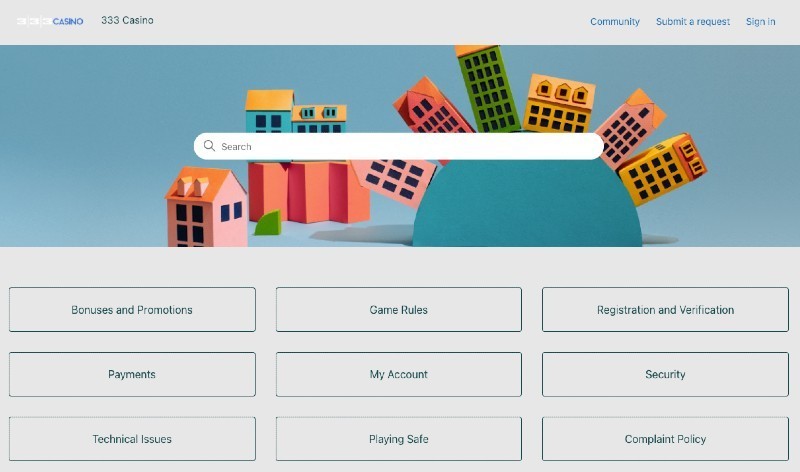Screenshot of the 333 Casino customer support zendesk