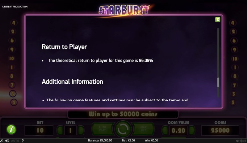 Screenshot of Starburst RTP in the game information