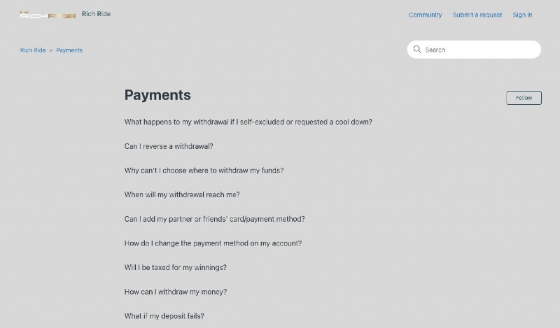Screenshot of the Rich Ride payment FAQ questions