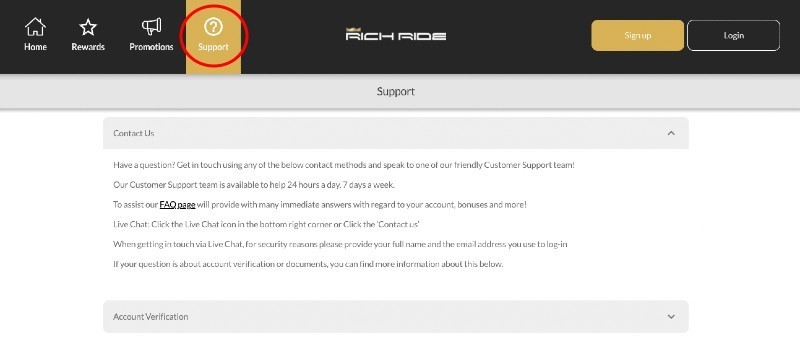 Screenshot of the Rich Ride support page