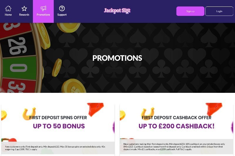 Screenshot of the promotions page at Jackpot Slot casino
