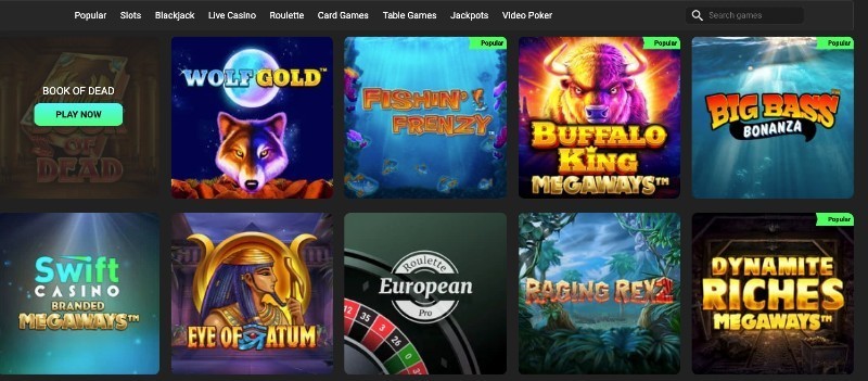 Screenshot of the game selection at Swift casino