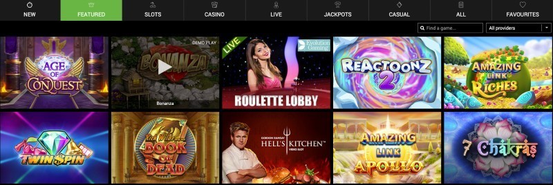Screenshot of the game selection at Dream Palace Casino