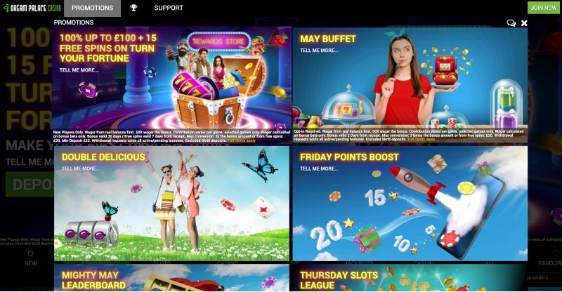 Screenshot of the promotions page at Dream Palace Casino