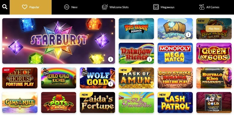 Screenshot of the game selection at VIP bet