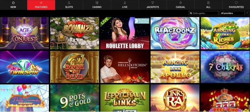 Screenshot of the game selection at Casino Elevate