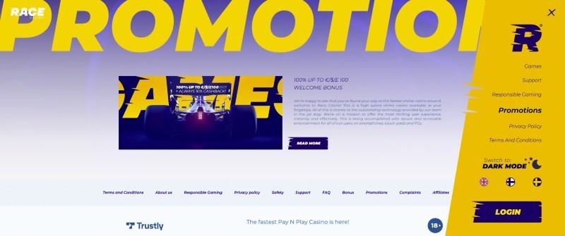 Screenshot of the Race Casino website