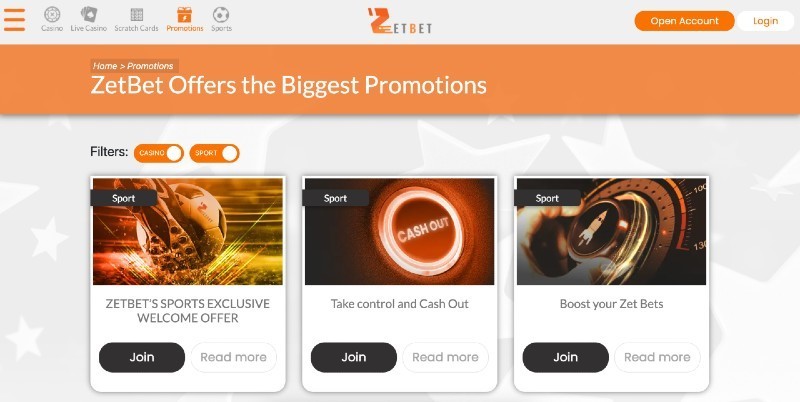 Screenshot of the ZetBet promotions page