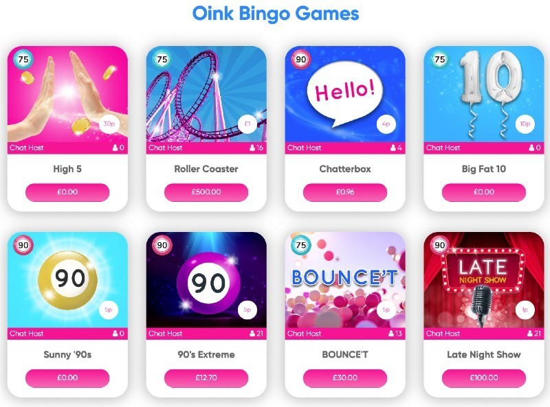 Screenshot of bingo games at Oink Bingo