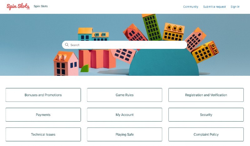 Screenshot of the Spin Slots support page