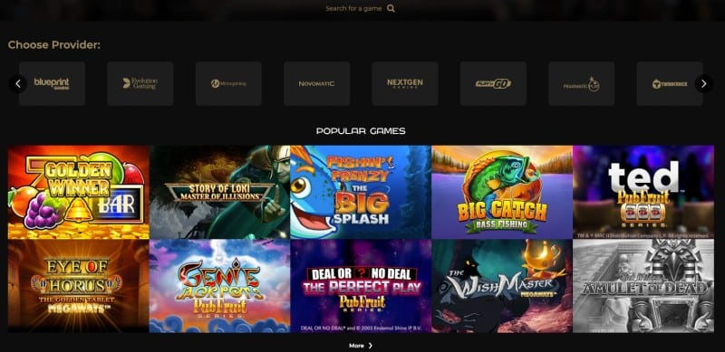 Screenshot of the Pub Casino game selection