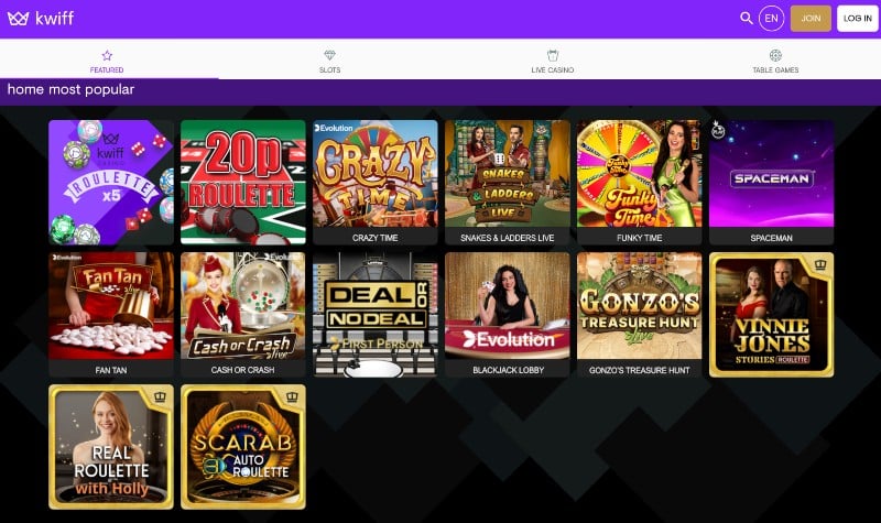 Screenshot of Kwiff casino game selection