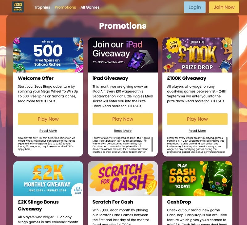Screenshot of the promotions page at Zeus Bingo