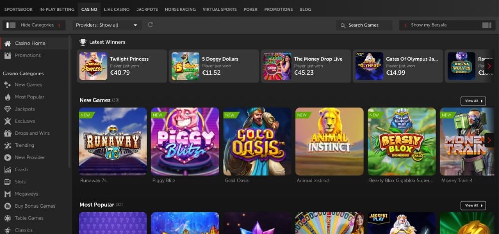 Skjermbilde av Betsafe casino spillutvalg