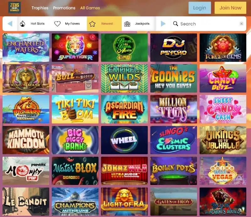 Screenshot of the game selection at Zeus Bingo