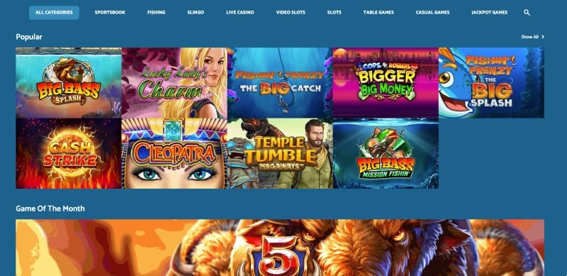 Screenshot of the game selection at Yeti Casino